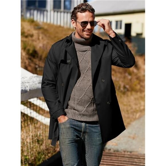 Mens Trench Coat Slim Fit Double Breasted Long Jacket Notched Lapel - Picture 3 of 6